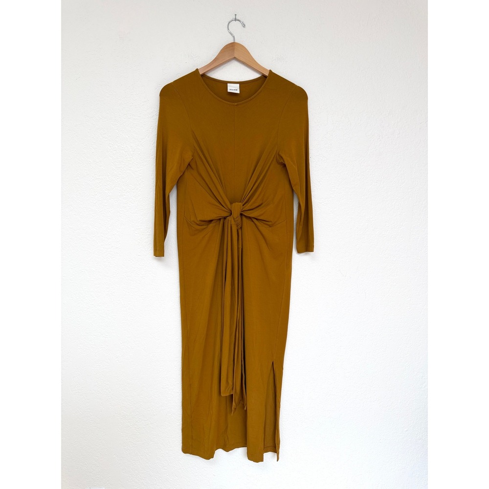 Rita Row Mustard Margaret Knot Detail Midi Dress XS Long Sleeve Fall Minimalist